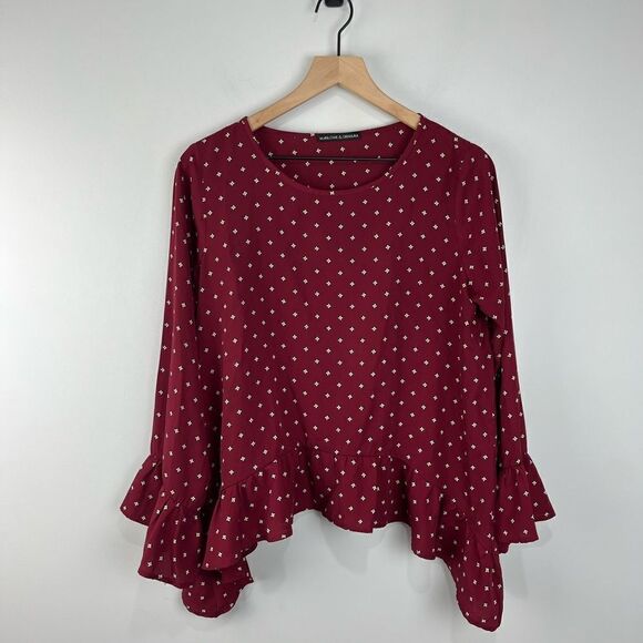 Harlowe and Graham Maroon Printer Ruffle Hem Blouse M - Picture 1 of 7